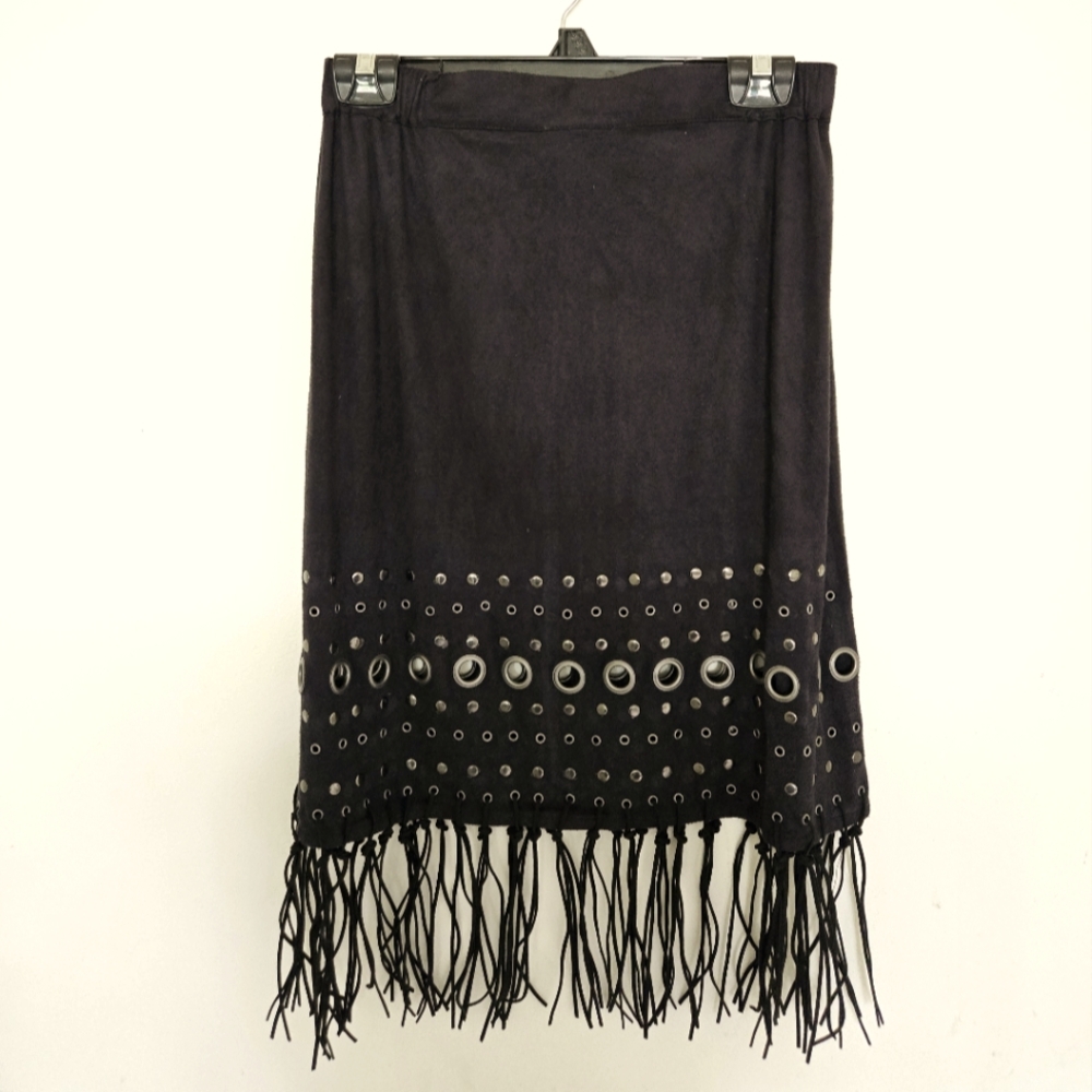 Firmiana Black Fringe Skirt With Metal Details